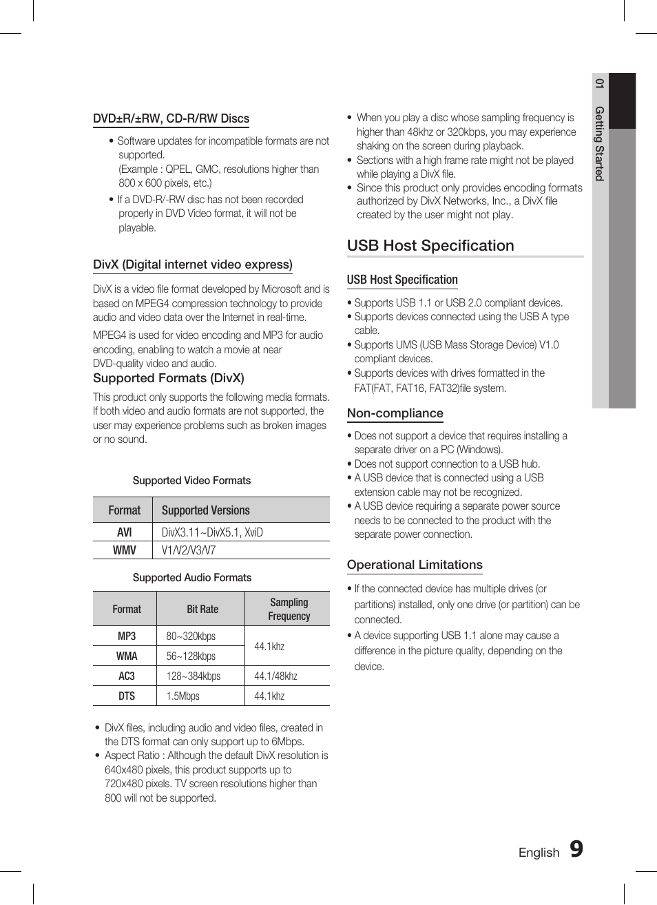 Usb host specification | Samsung HT-C455 User Manual | Page 9 / 41