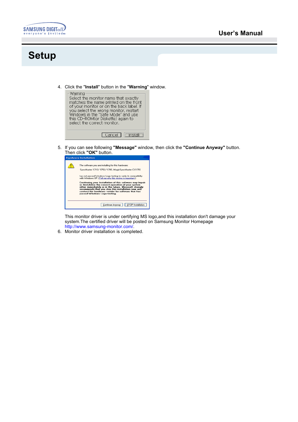 Setup, User’s manual | Samsung 172S User Manual | Page 22 / 51