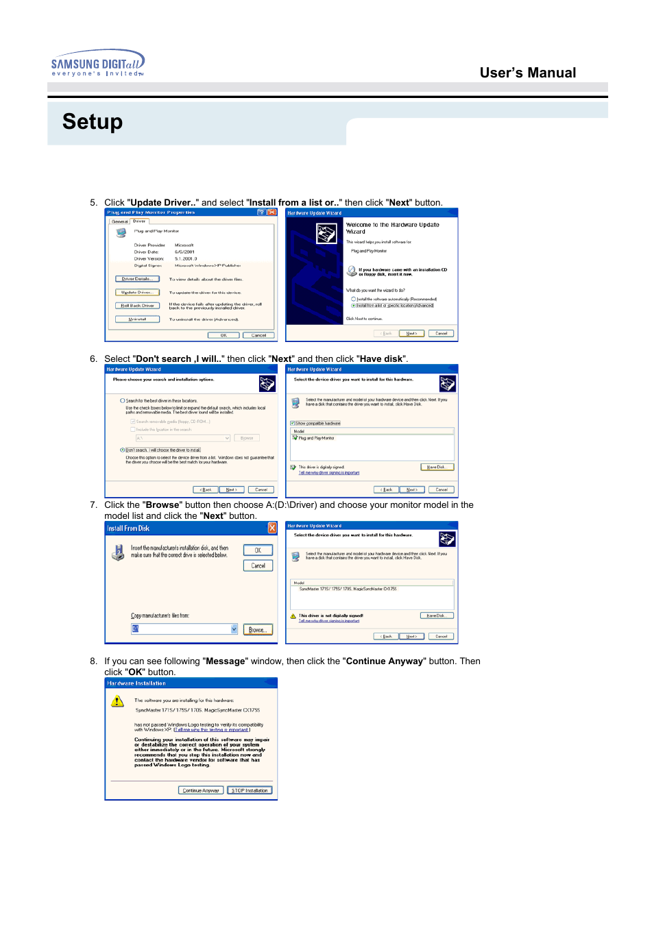 Setup, User’s manual | Samsung 172S User Manual | Page 24 / 51