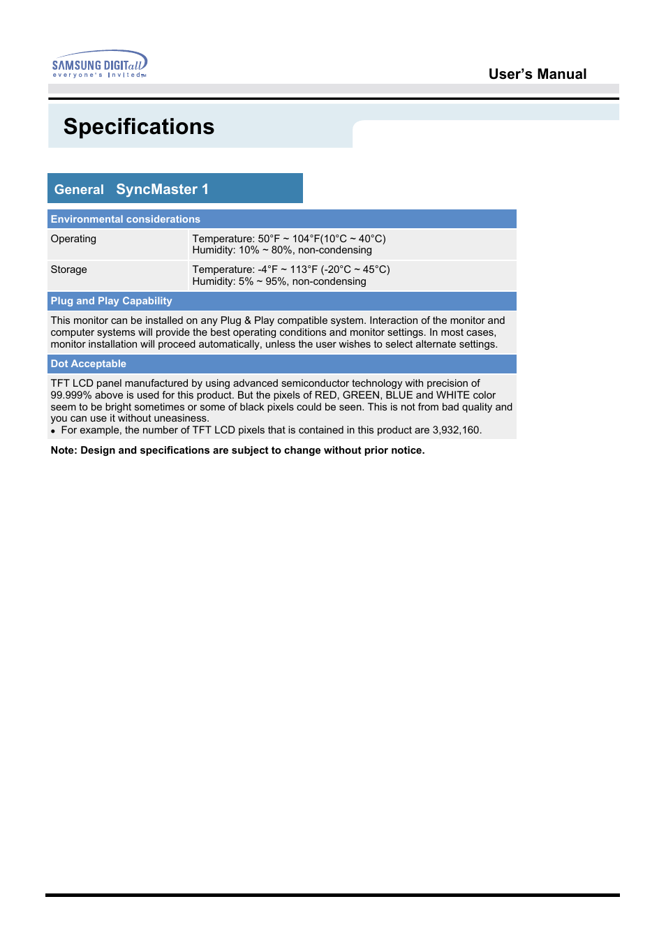 Specifications, User’s manual | Samsung 172S User Manual | Page 35 / 51