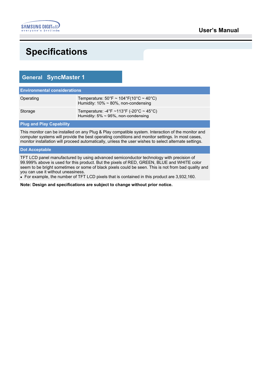 Specifications, User’s manual, Syncmaster 172t) | Samsung 172S User Manual | Page 37 / 51