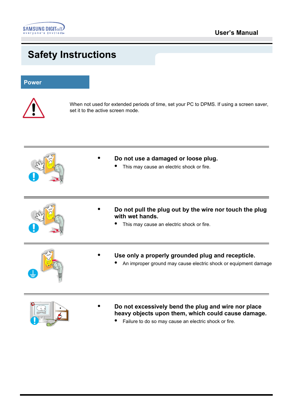 Power, Safety instructions | Samsung 172S User Manual | Page 4 / 51