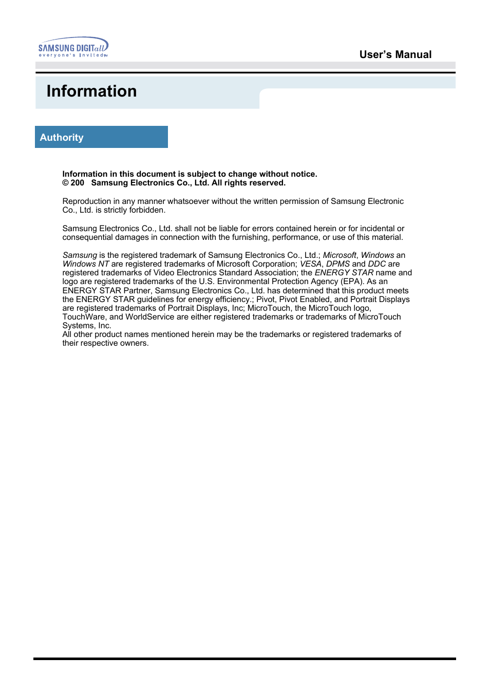 Authority, Information | Samsung 172S User Manual | Page 51 / 51