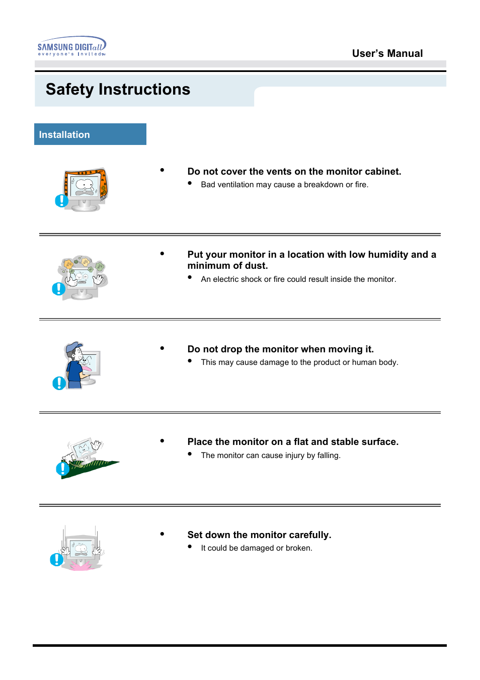 Installation, Safety instructions | Samsung 172S User Manual | Page 6 / 51