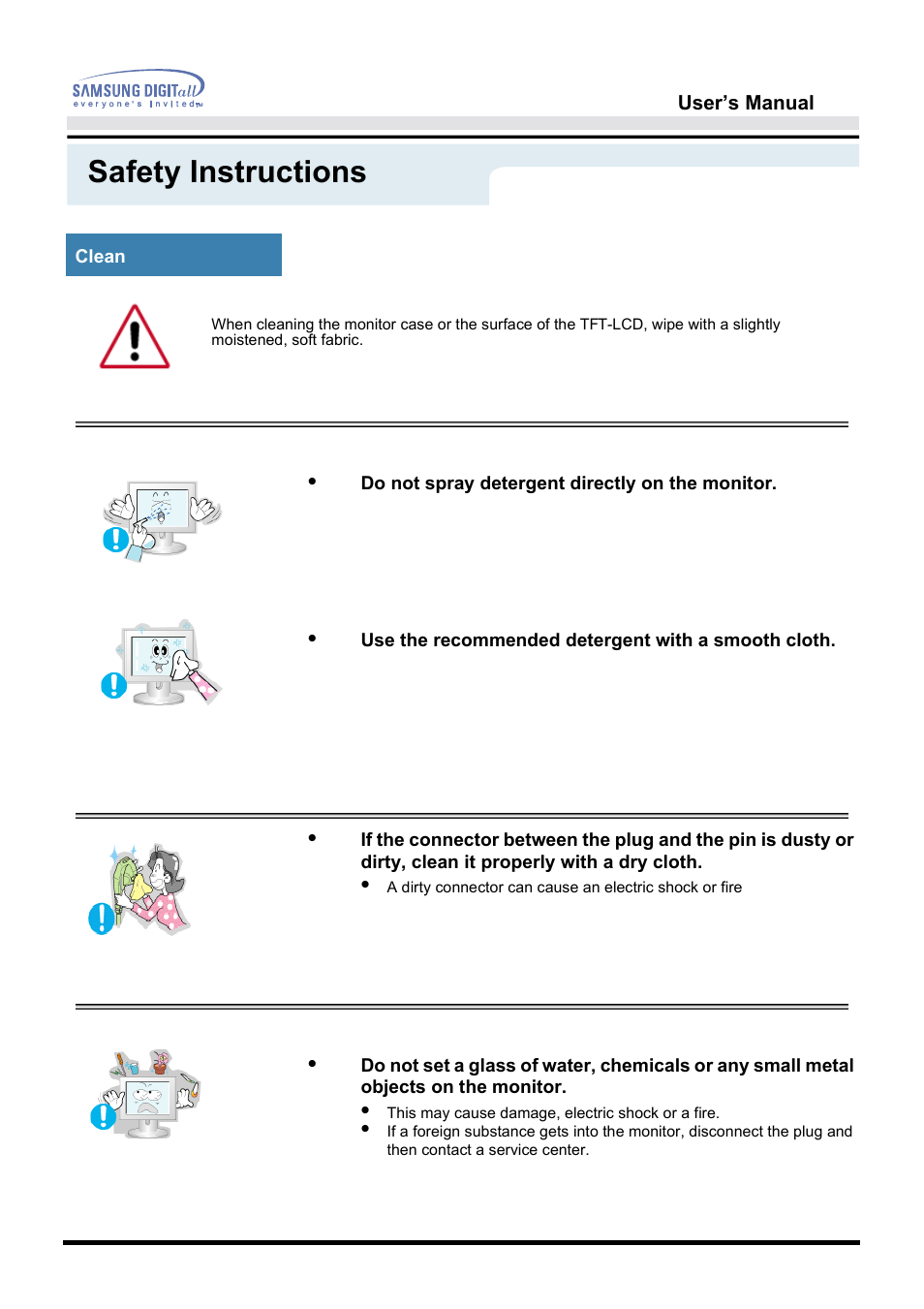 Clean, Safety instructions | Samsung 172S User Manual | Page 8 / 51