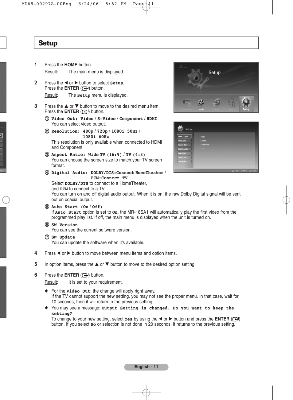 Setup | Samsung MR-16SA1 User Manual | Page 11 / 12