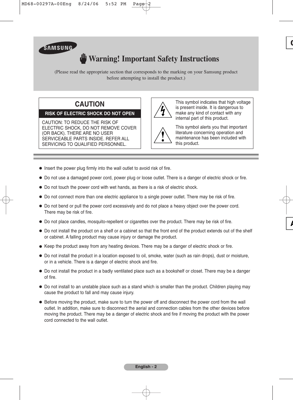 Warning! important safety instructions, Caution | Samsung MR-16SA1 User Manual | Page 2 / 12