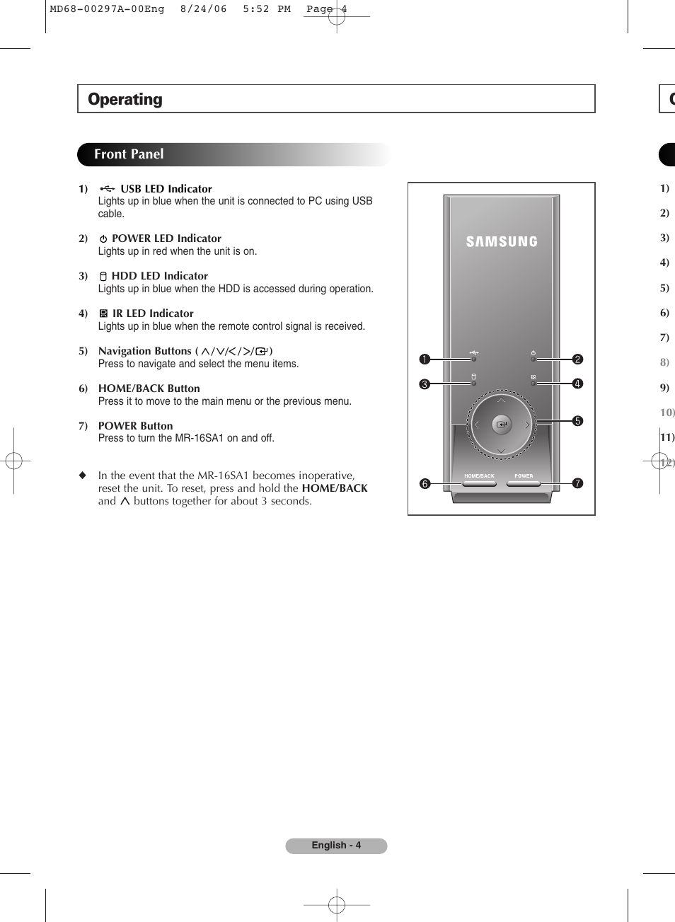 Operating, Front panel | Samsung MR-16SA1 User Manual | Page 4 / 12
