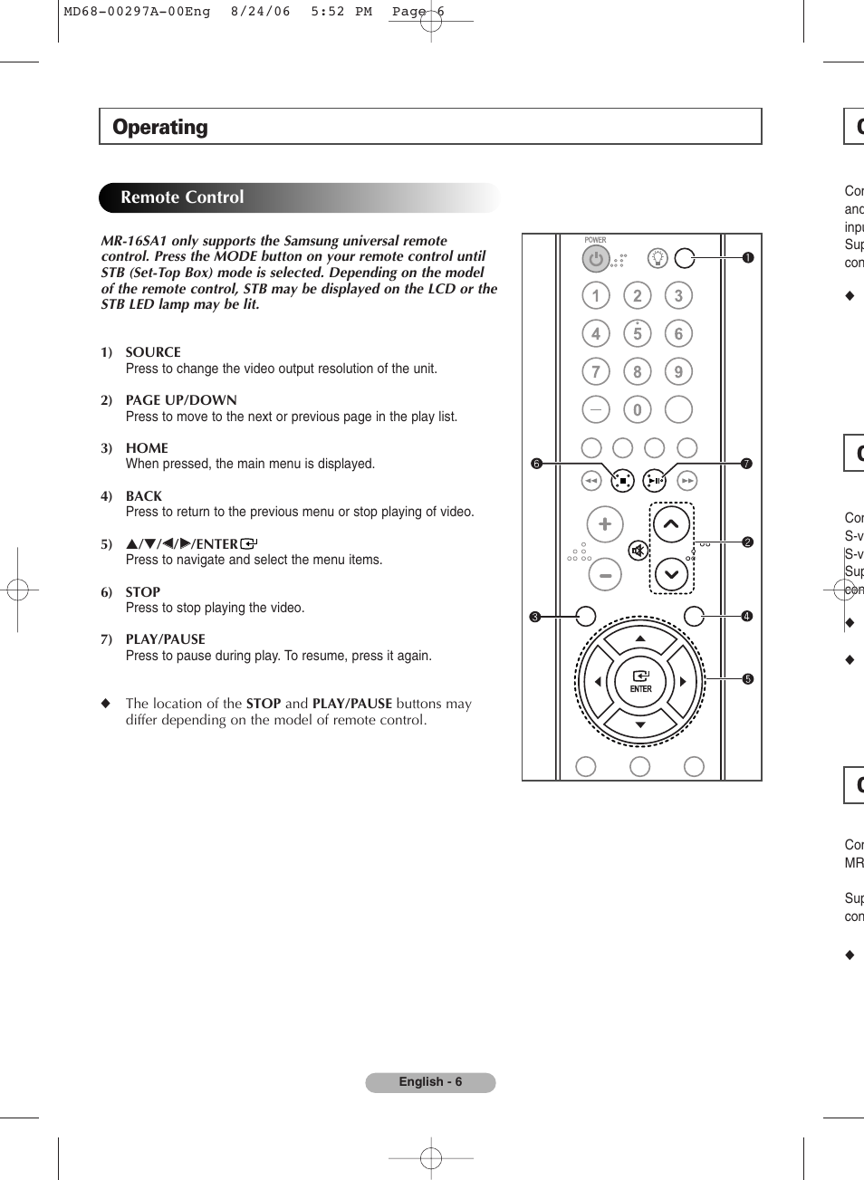 Remote control, Operating | Samsung MR-16SA1 User Manual | Page 6 / 12