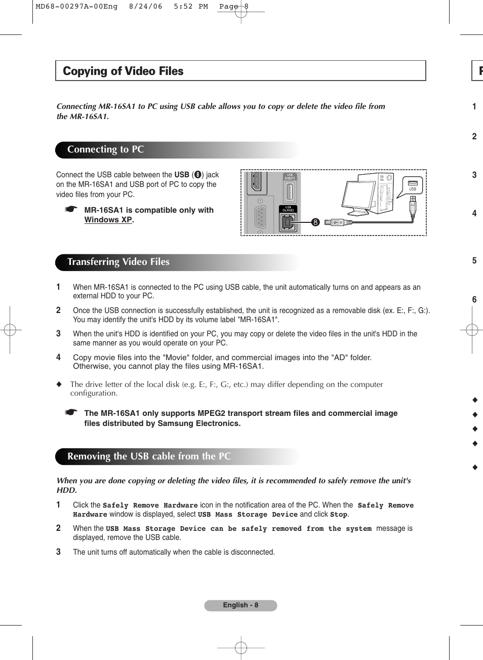 Copying of video files, Connecting to pc, Transferring video files | Removing the usb cable from the pc | Samsung MR-16SA1 User Manual | Page 8 / 12