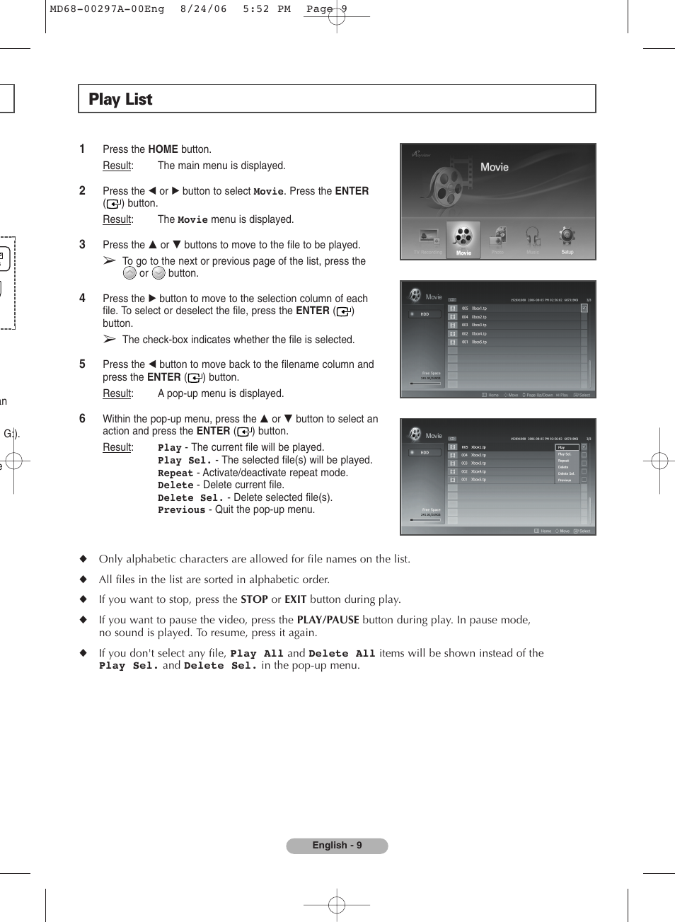 Play list | Samsung MR-16SA1 User Manual | Page 9 / 12