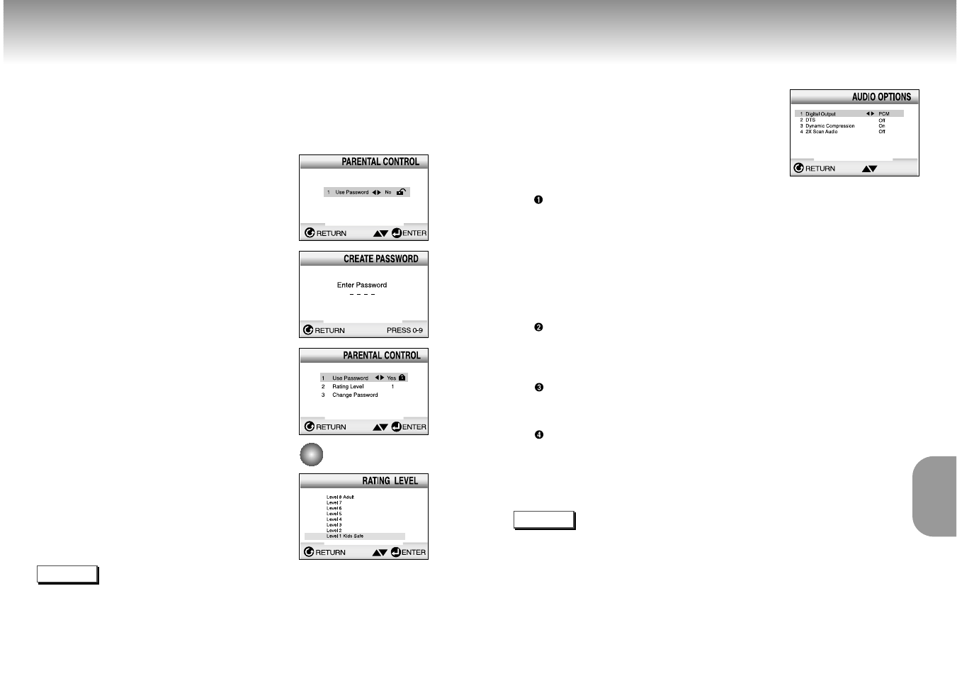 Setting up the parental control, Setting up the audio options | Samsung DVD-M301 User Manual | Page 17 / 21