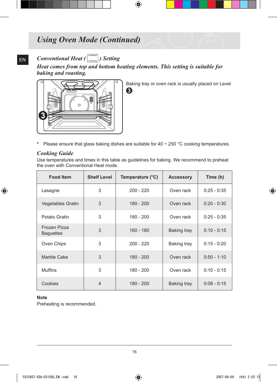 Using oven mode (continued), Cooking guide | Samsung FQ159ST User Manual | Page 18 / 48