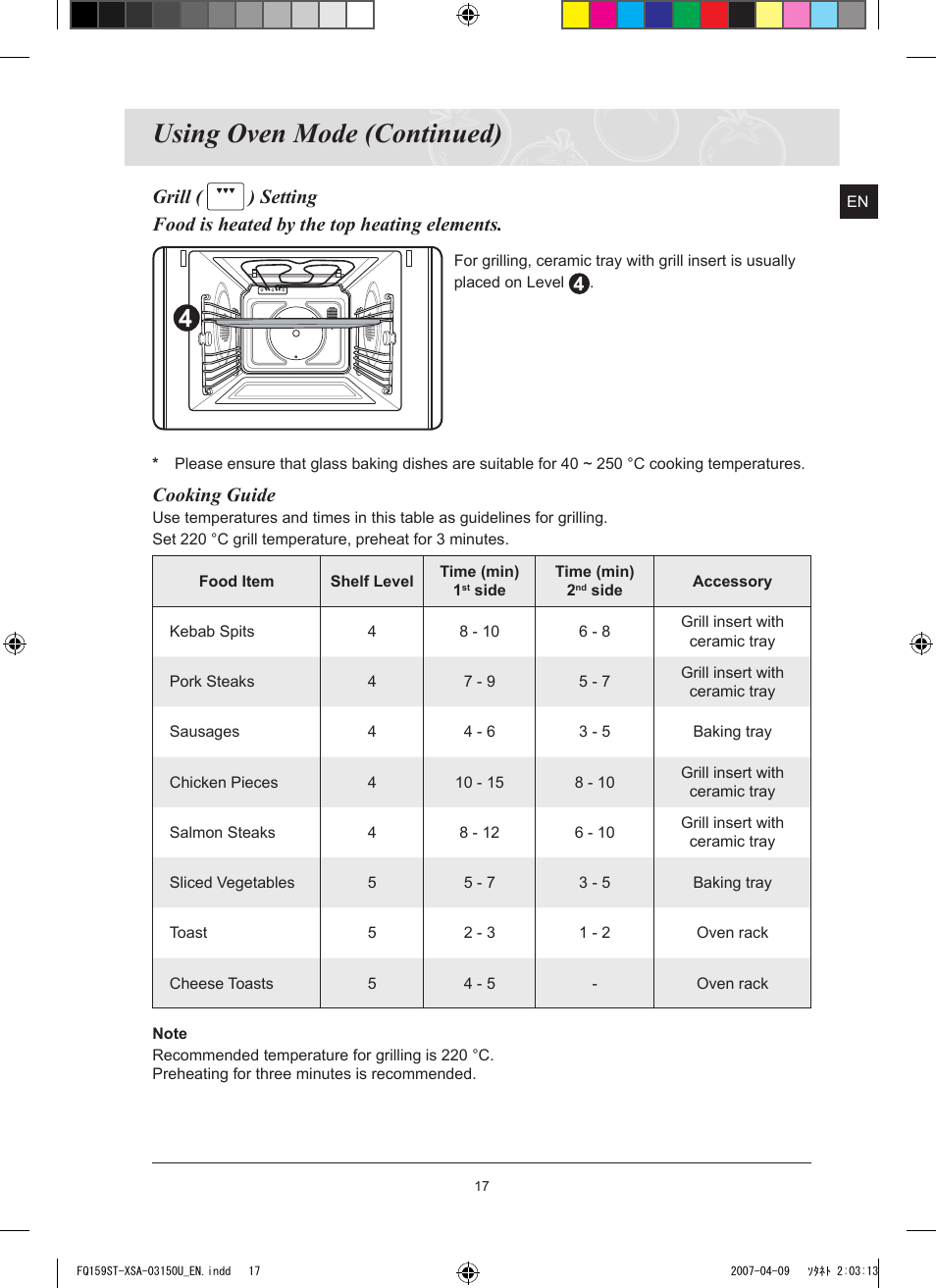 Using oven mode (continued), Cooking guide | Samsung FQ159ST User Manual | Page 19 / 48