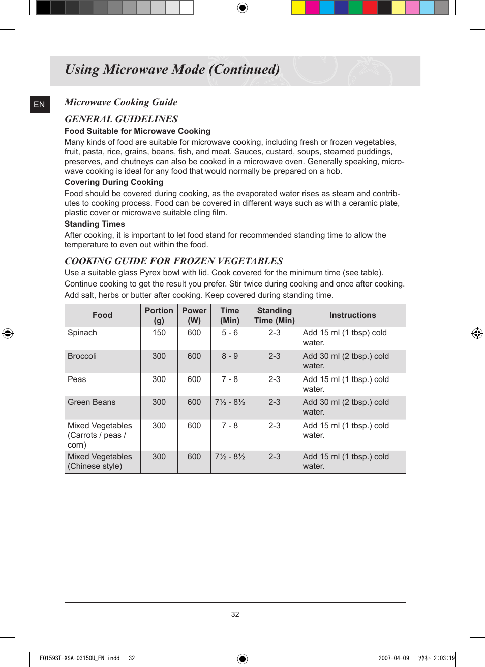 Using microwave mode (continued), Microwave cooking guide general guidelines, Cooking guide for frozen vegetables | Samsung FQ159ST User Manual | Page 34 / 48