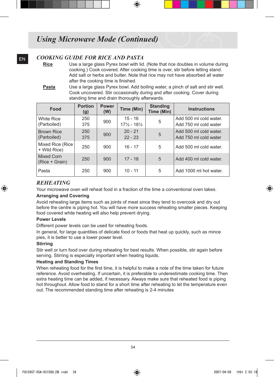 Using microwave mode (continued), Cooking guide for rice and pasta, Reheating | Samsung FQ159ST User Manual | Page 36 / 48