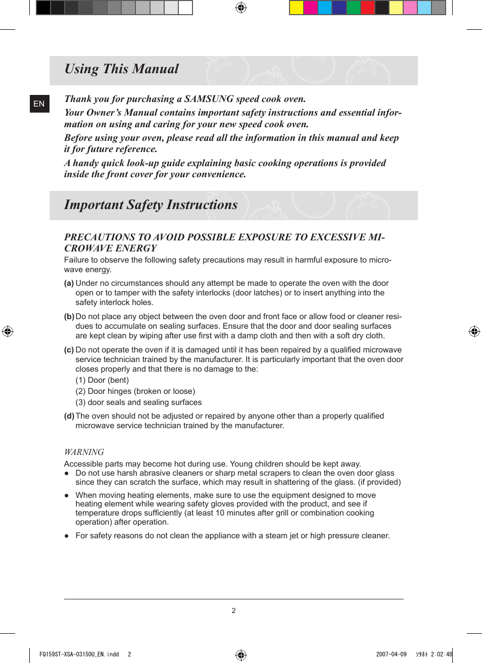Using this manual, Important safety instructions | Samsung FQ159ST User Manual | Page 4 / 48