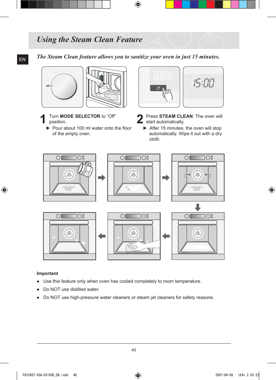 Using the steam clean feature | Samsung FQ159ST User Manual | Page 42 / 48