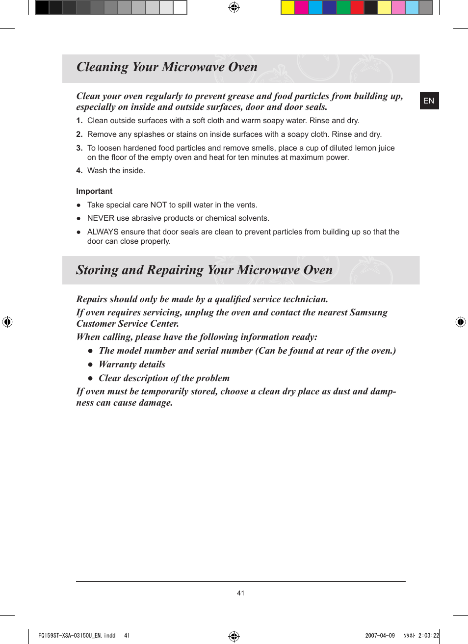 Cleaning your microwave oven, Storing and repairing your microwave oven | Samsung FQ159ST User Manual | Page 43 / 48