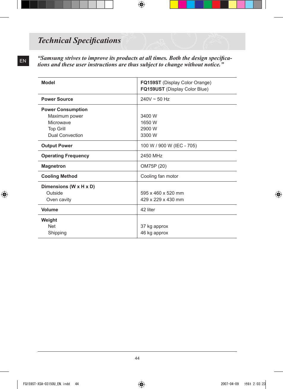 Technical specifications, Technical speciﬁcations | Samsung FQ159ST User Manual | Page 46 / 48