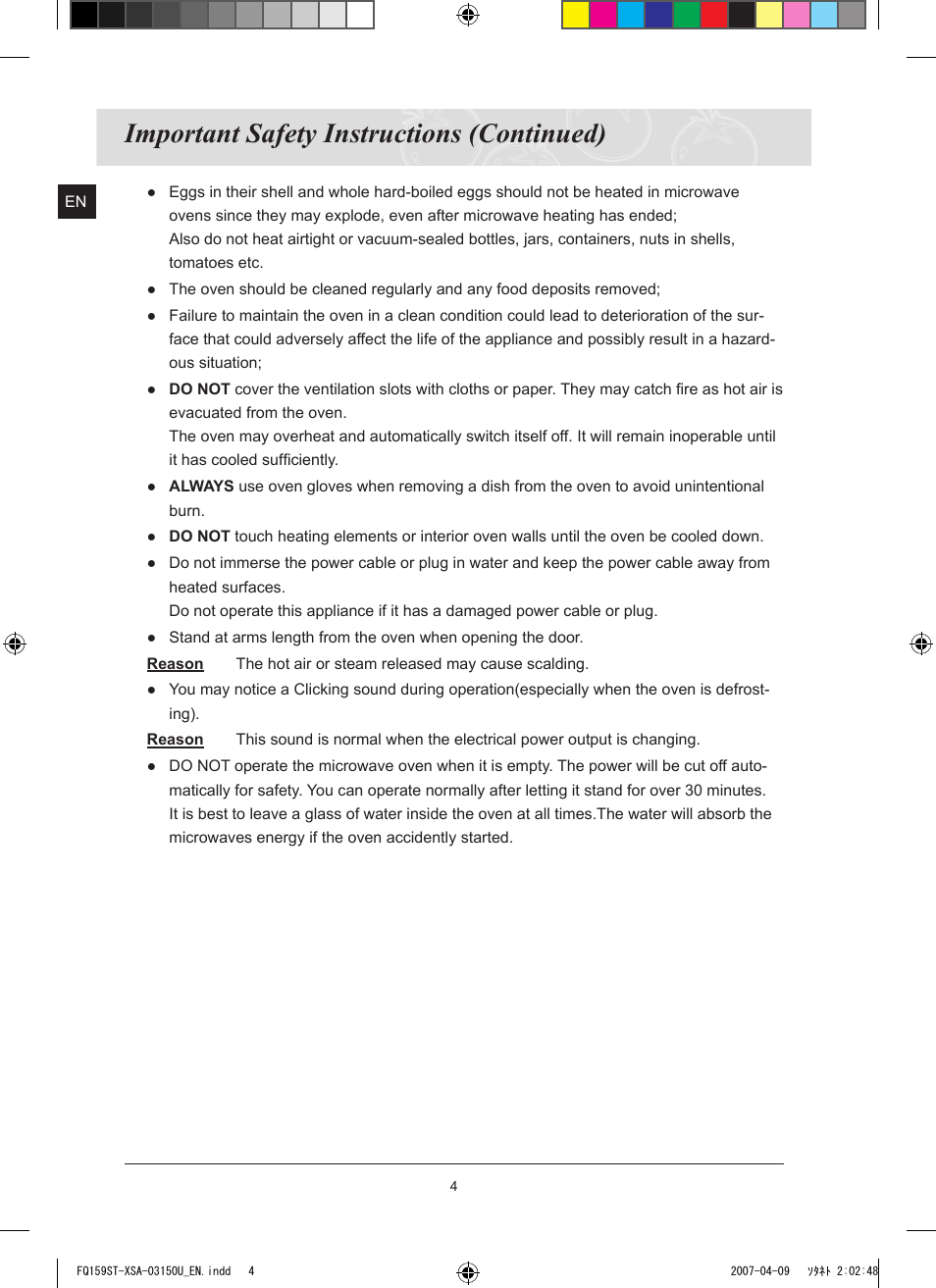 Important safety instructions (continued) | Samsung FQ159ST User Manual | Page 6 / 48