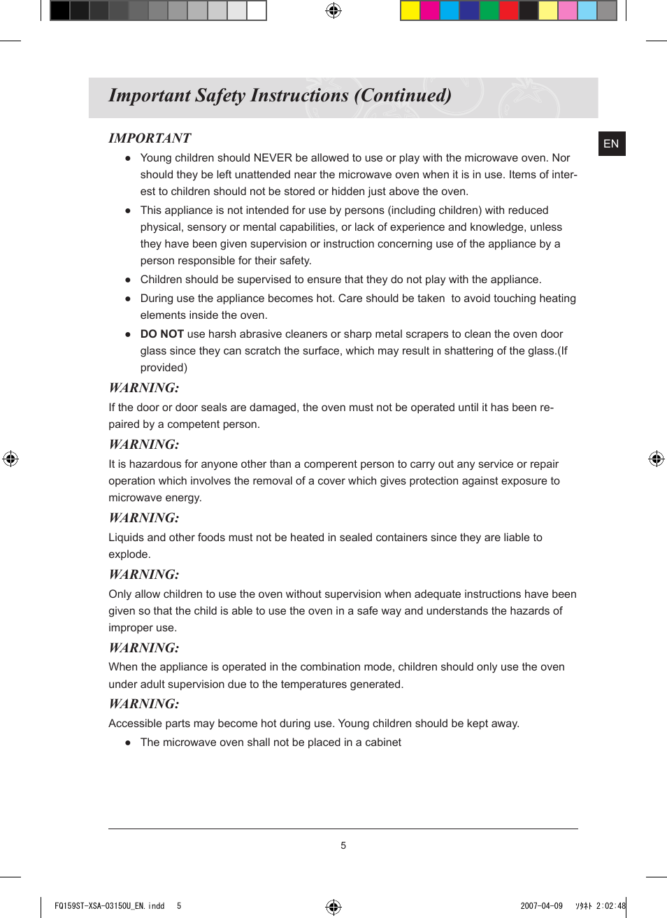 Important safety instructions (continued) | Samsung FQ159ST User Manual | Page 7 / 48