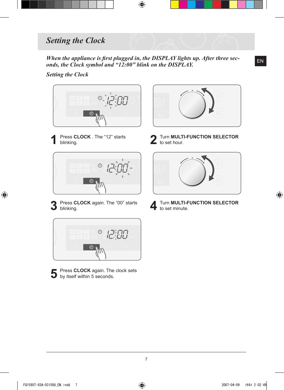 Setting the clock | Samsung FQ159ST User Manual | Page 9 / 48