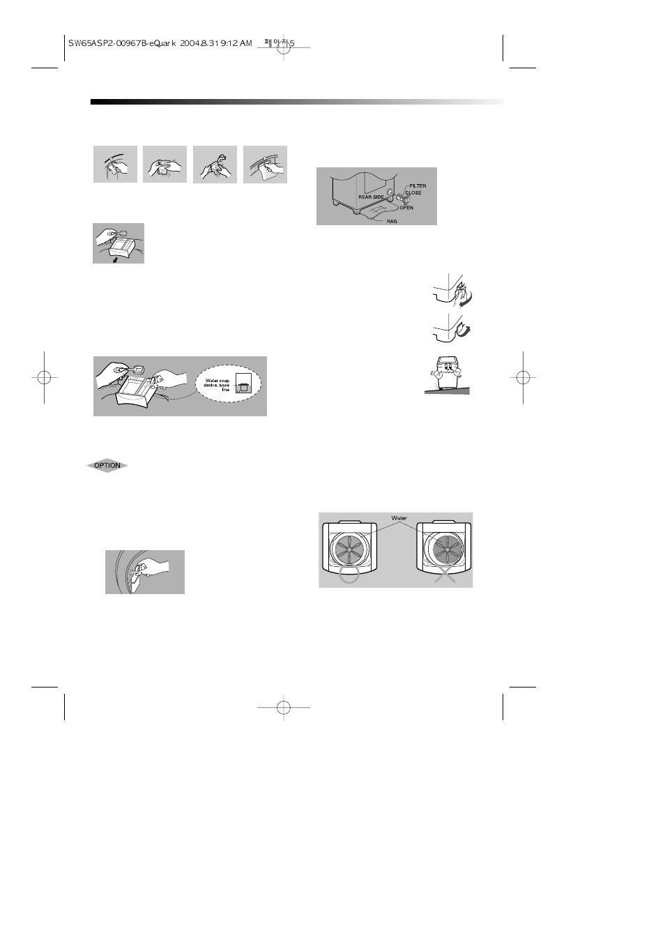 Cleaning the filter net, How to add the detergent, How to add the fabric softener | Cleaning the filter (pump drained washer), Levelling | Samsung SW56APPI User Manual | Page 6 / 10