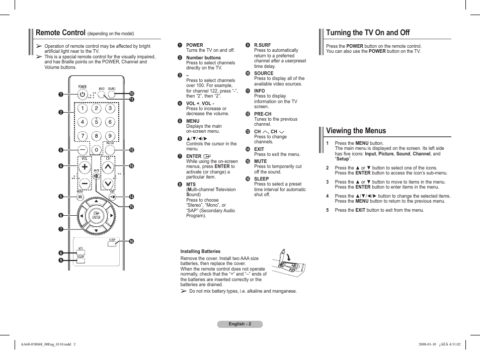 Remote control (depending on the model), Turning the tv on and off, Viewing the menus | Remote control | Samsung CL21Z43 User Manual | Page 2 / 8