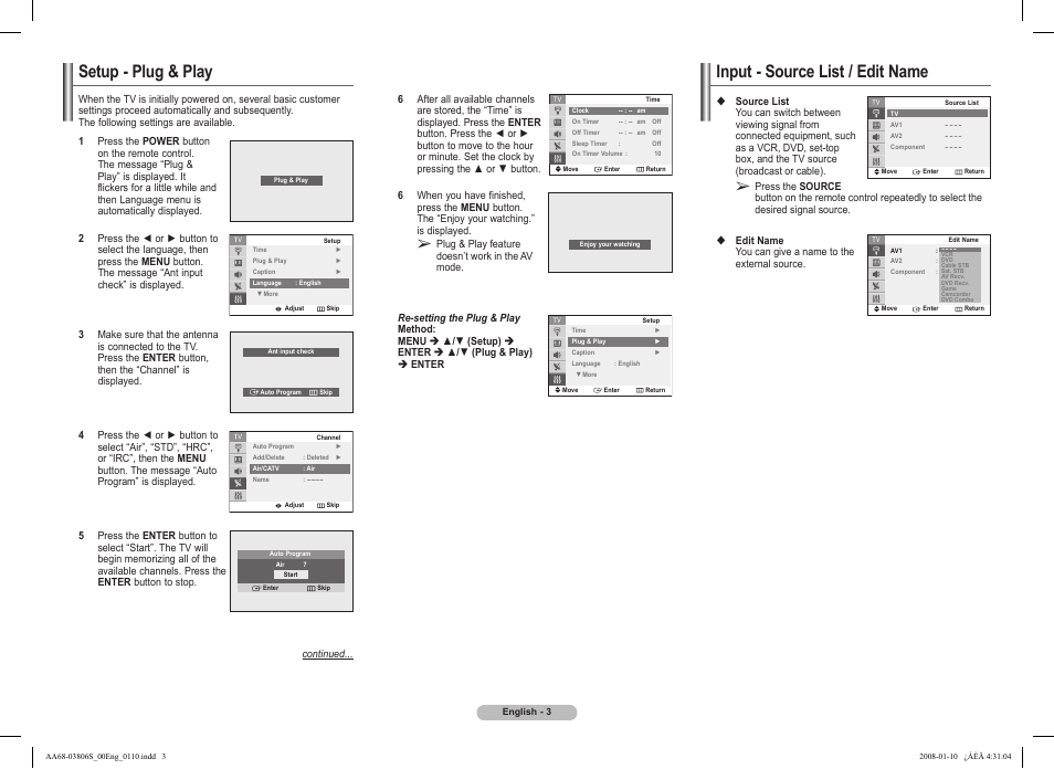 Setup - plug & play, Input - source list / edit name | Samsung CL21Z43 User Manual | Page 3 / 8