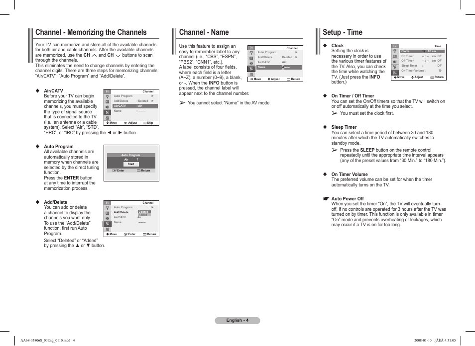 Channel - memorizing the channels, Channel - name, Setup - time | Samsung CL21Z43 User Manual | Page 4 / 8