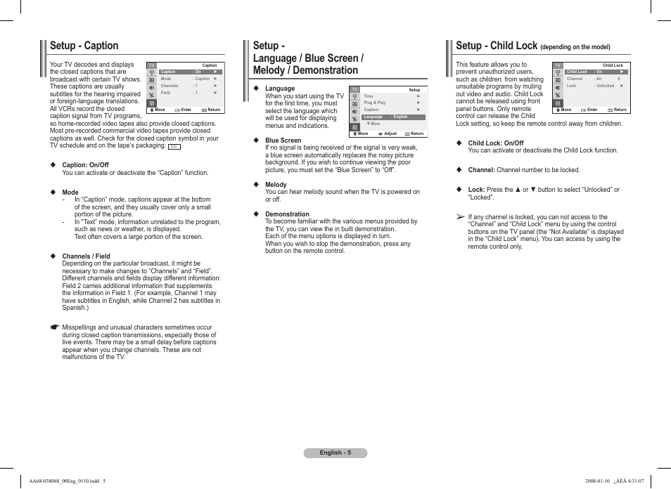 Setup - caption, Setup - child lock (depending on the model), Setup - child lock | Samsung CL21Z43 User Manual | Page 5 / 8