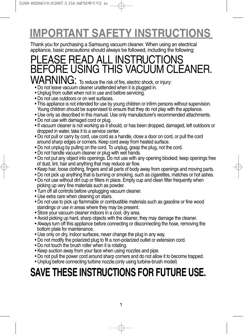 Important safety instructions, Save these instructions for future use | Samsung SU-2930 Series User Manual | Page 2 / 12