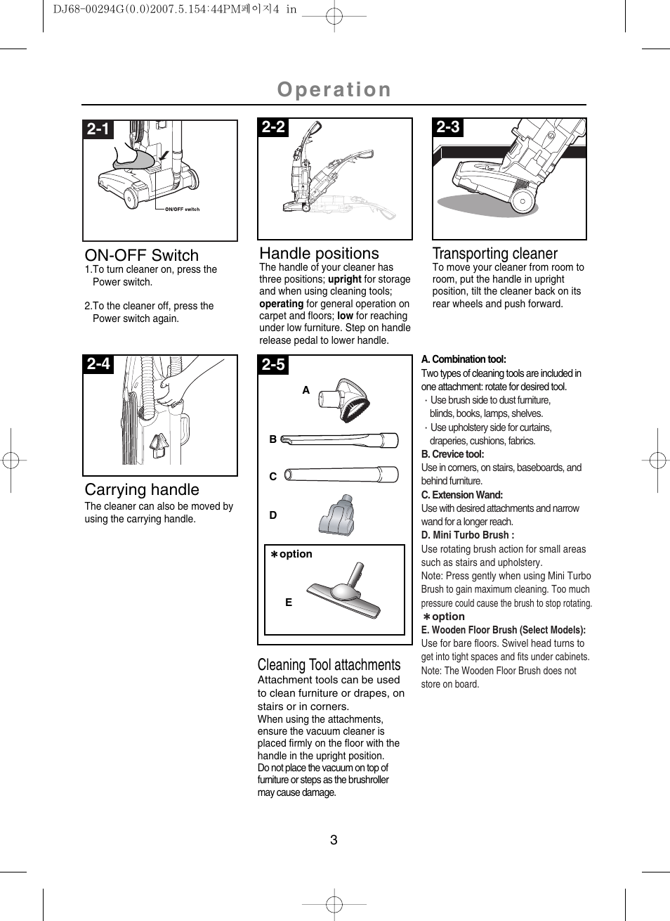 Operation, On-off switch, Handle positions | Transporting cleaner, Cleaning tool attachments | Samsung SU-2930 Series User Manual | Page 4 / 12