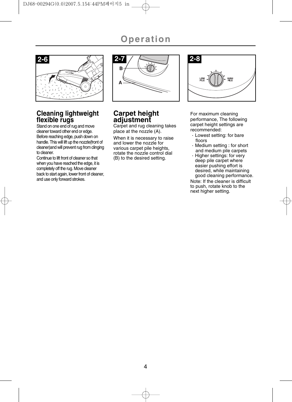 Carpet height adjustment, 7 2-8 cleaning lightweight flexible rugs | Samsung SU-2930 Series User Manual | Page 5 / 12