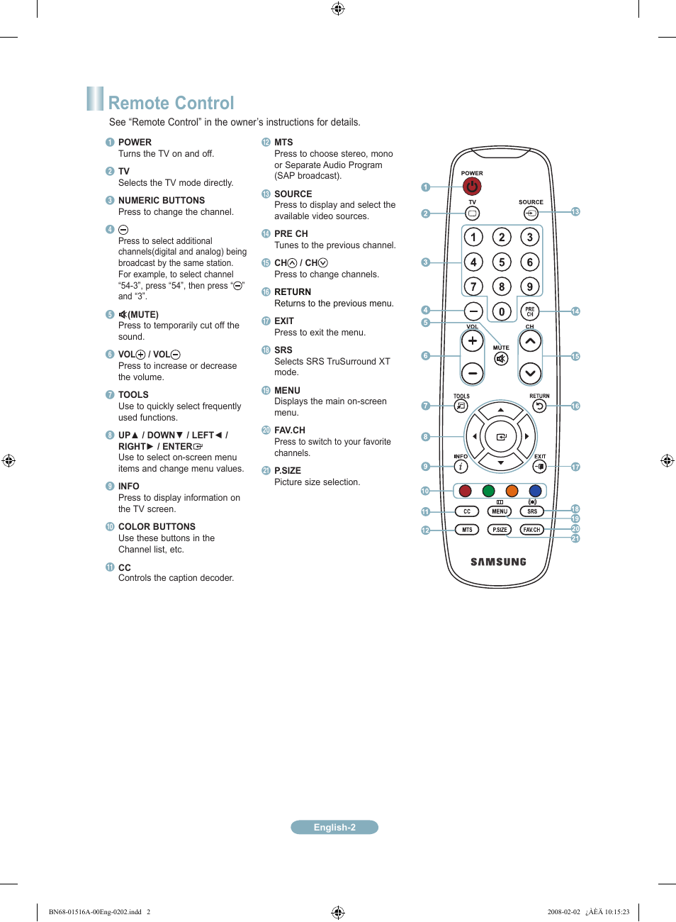 Remote control | Samsung LN40A330JD User Manual | Page 2 / 12