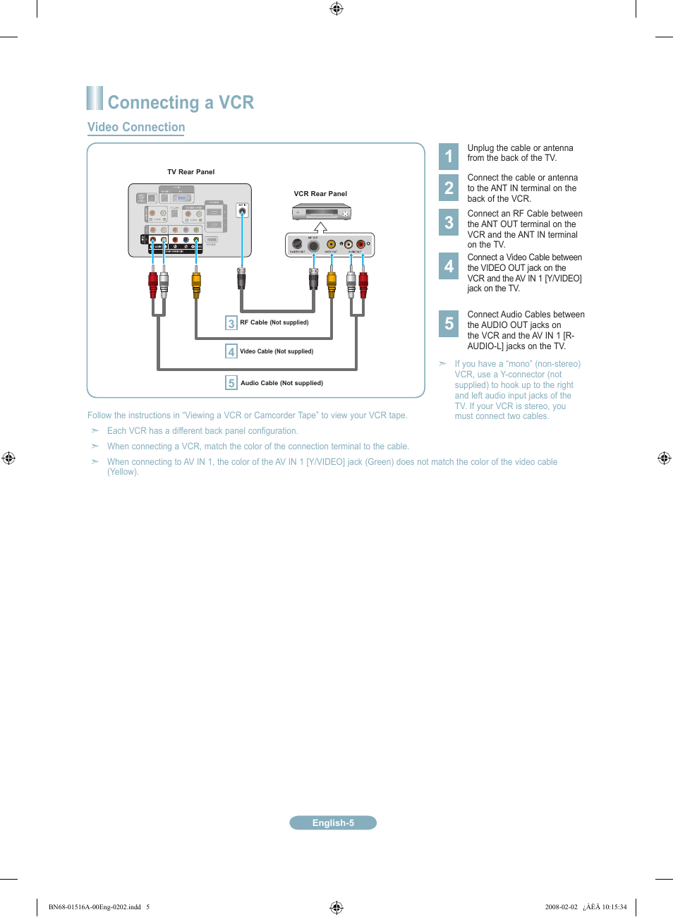 Connecting a vcr, Video connection | Samsung LN40A330JD User Manual | Page 5 / 12