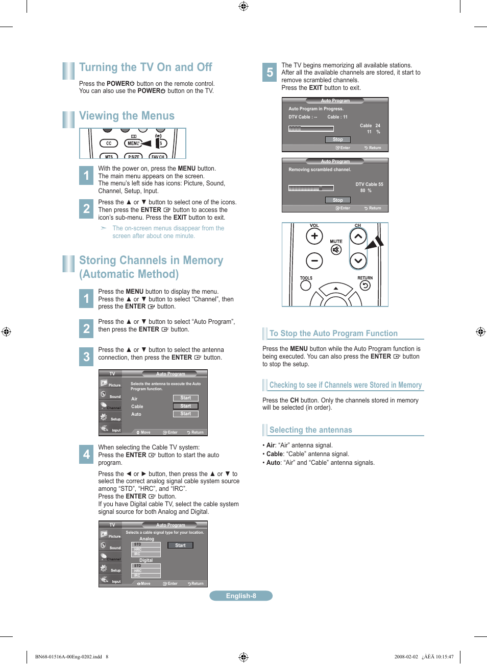 Turning the tv on and off, Viewing the menus, Selecting the antennas | Samsung LN40A330JD User Manual | Page 8 / 12
