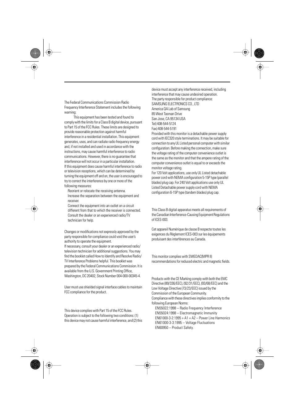 Fcc information, Ic compliance notice, Mpr ii compliance | European notice | Samsung 1200NF User Manual | Page 32 / 33