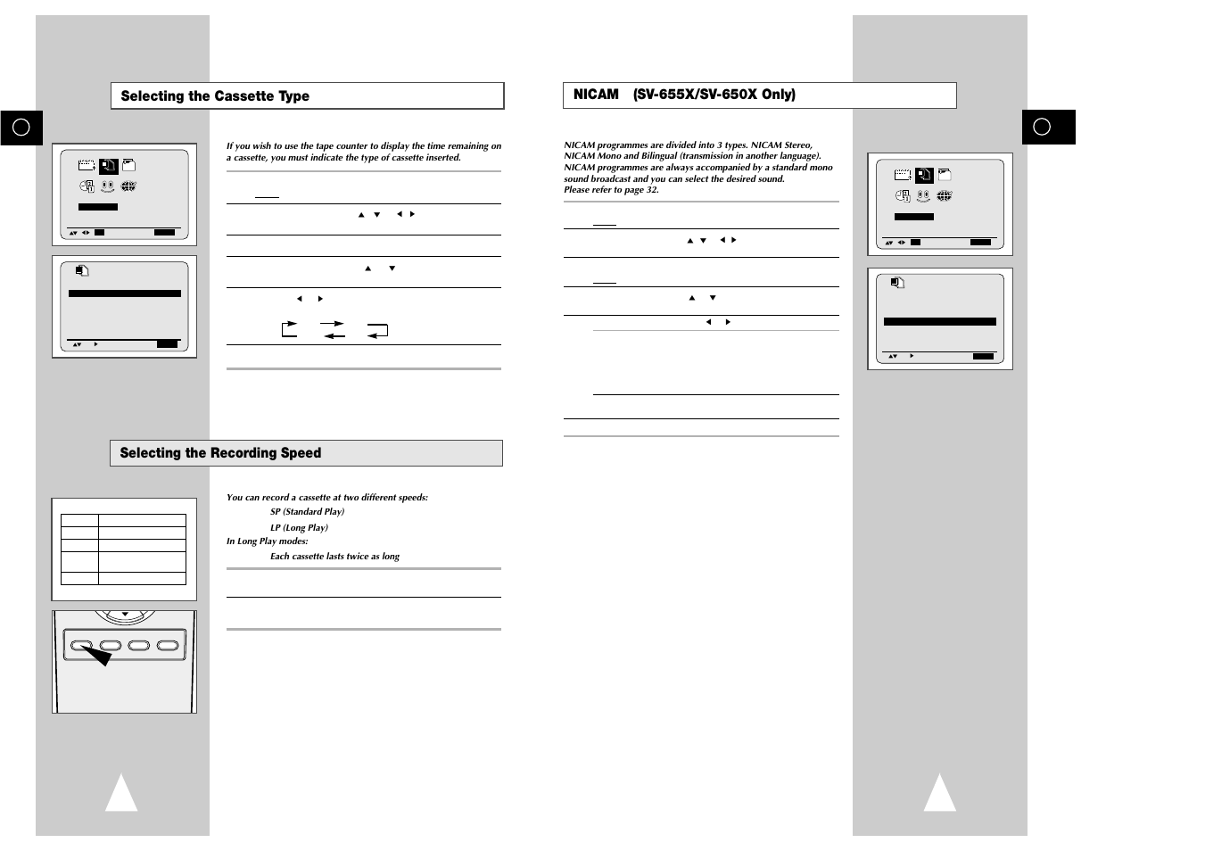 Nicam, Selecting the cassette type, Selecting the recording speed | Samsung sv 255B User Manual | Page 13 / 26