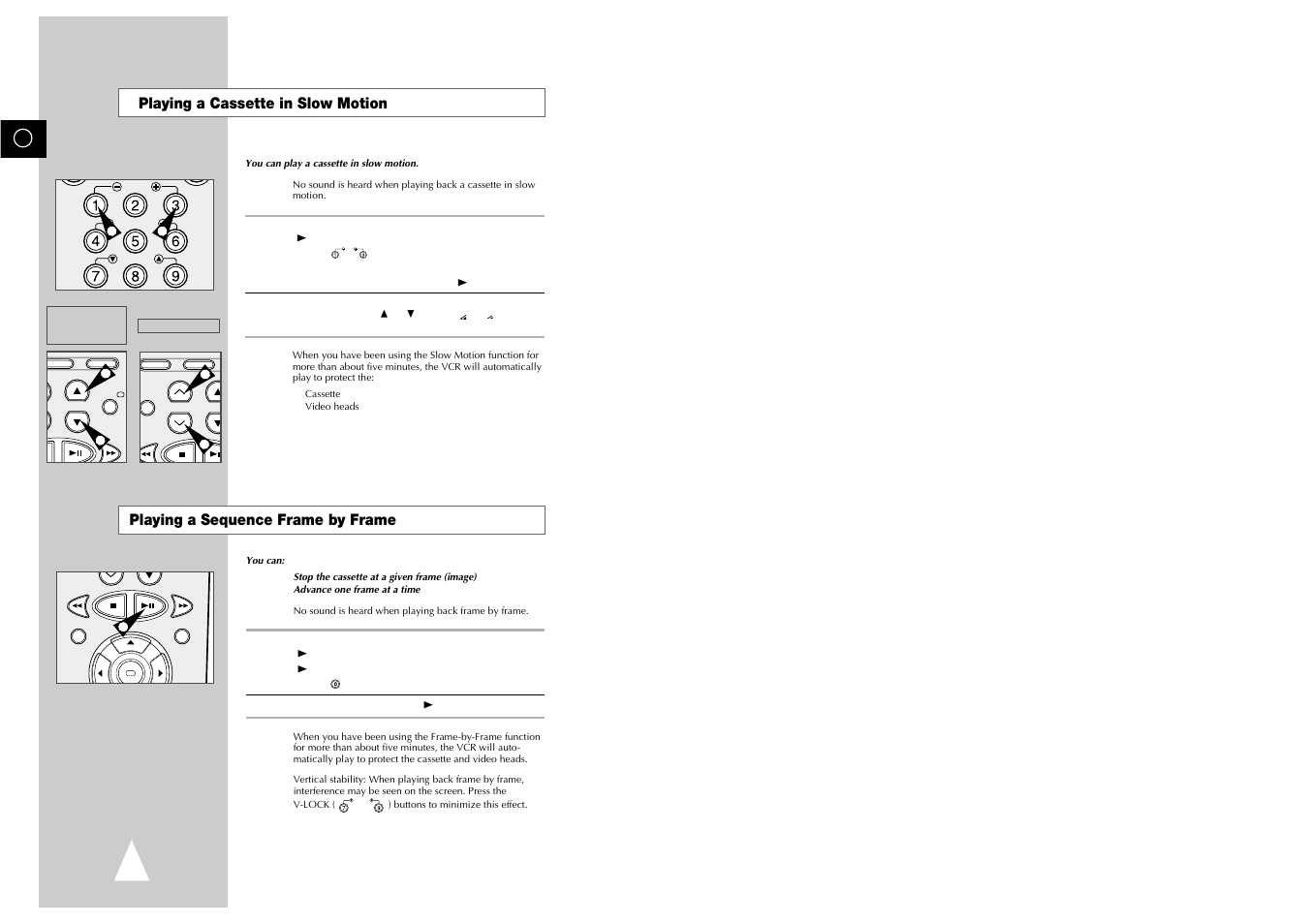 Slow, Playing a cassette in slow motion, Playing a sequence frame by frame | Samsung sv 255B User Manual | Page 19 / 26