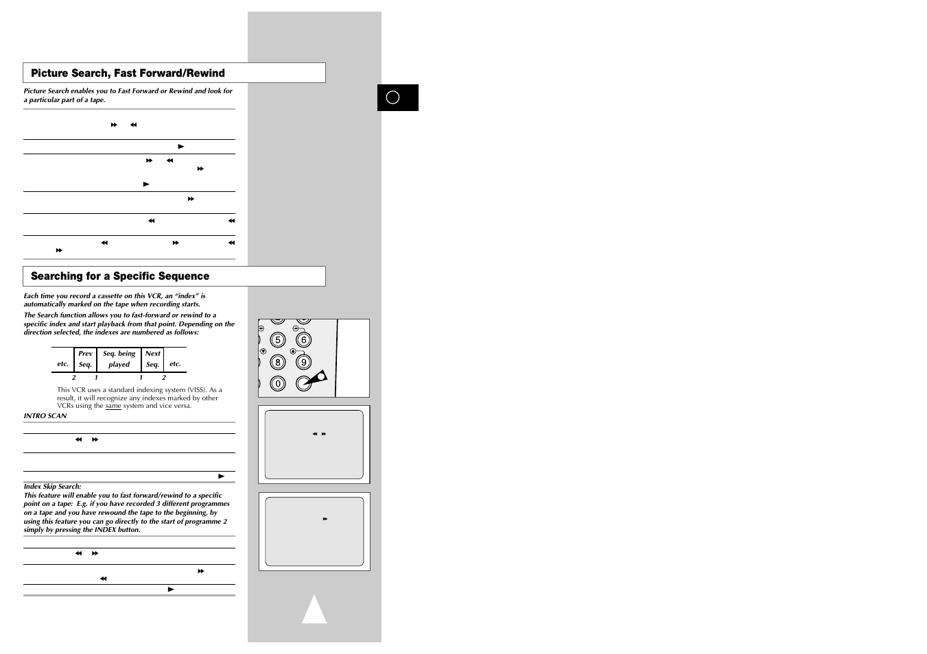 Picture search, fast forward/rewind, Searching for a specific sequence | Samsung sv 255B User Manual | Page 20 / 26