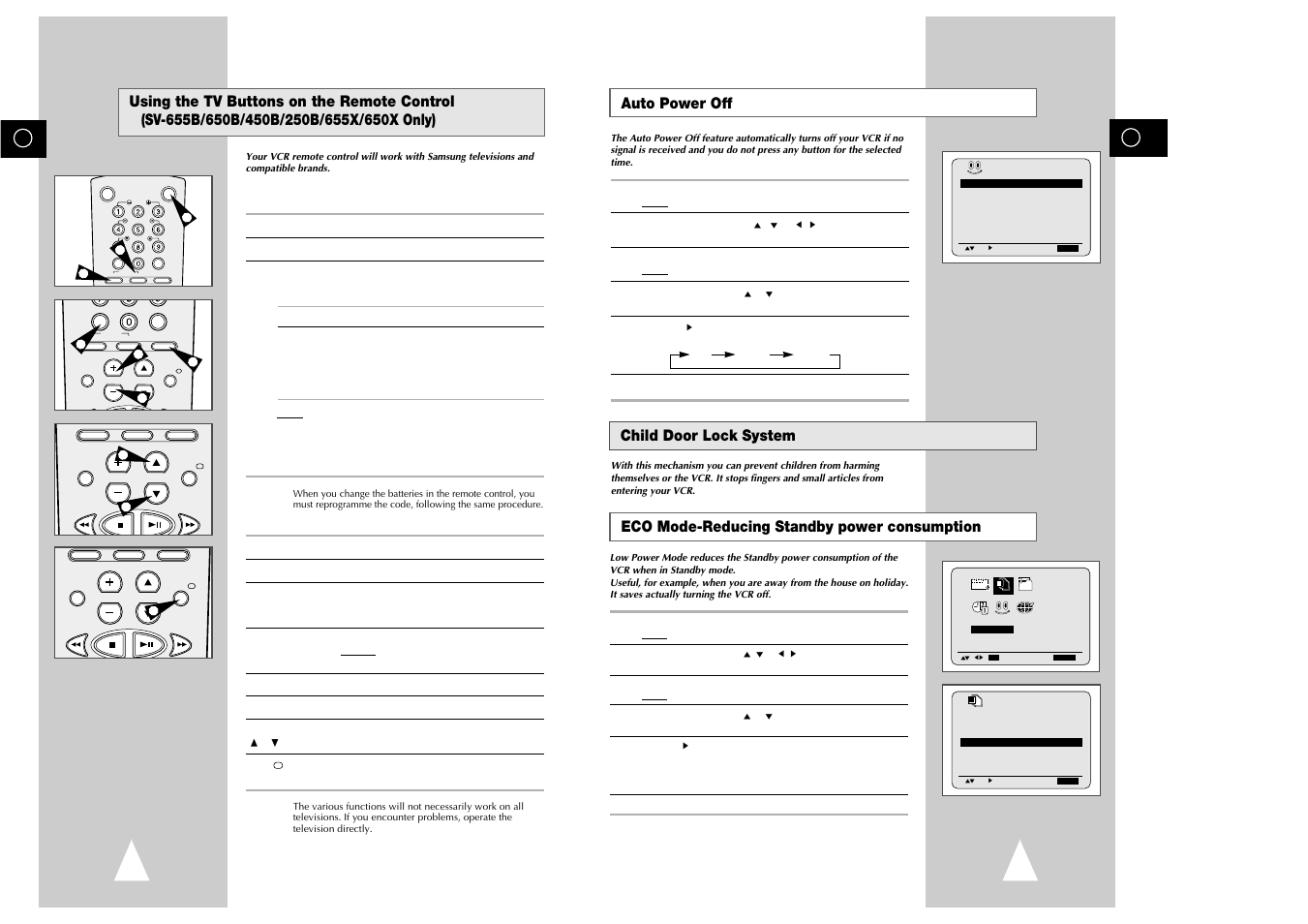 Using the tv buttons on the remote control, Auto power off, Eco mode-reducing standby power consumption | Child door lock system | Samsung sv 255B User Manual | Page 23 / 26