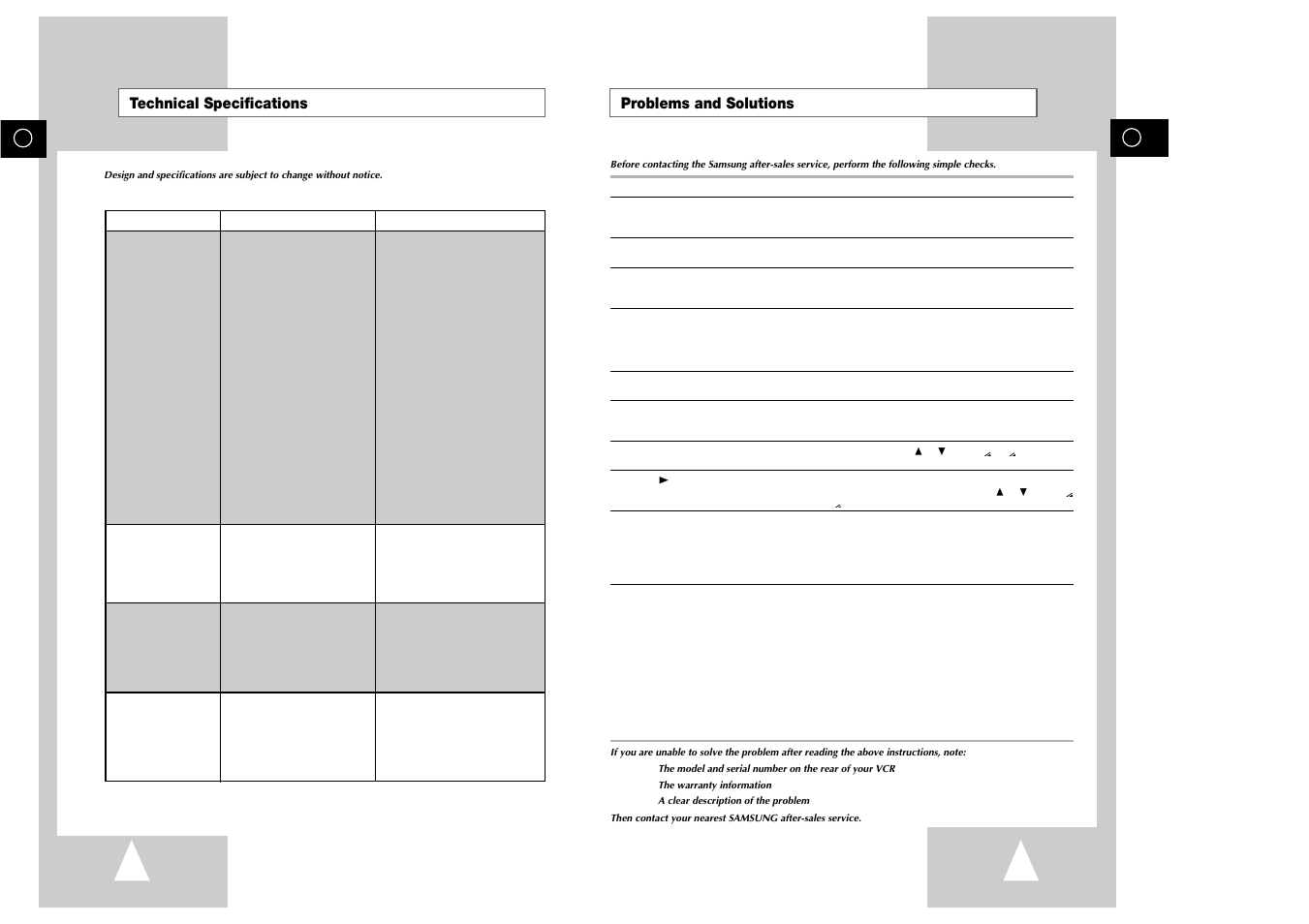 Technical specifications, Problems and solutions | Samsung sv 255B User Manual | Page 24 / 26