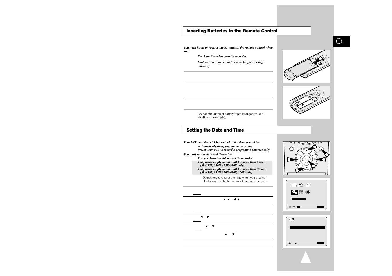 Setting the date and time, Inserting batteries in the remote control | Samsung sv 255B User Manual | Page 9 / 26