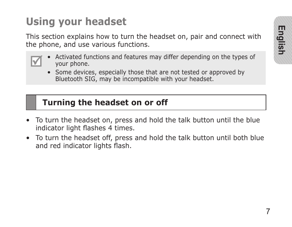 Using.your.headset, English | Samsung WEP650 User Manual | Page 10 / 21