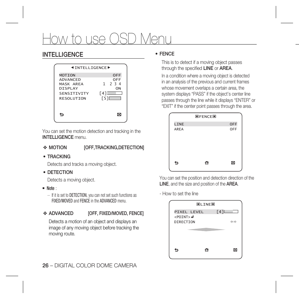 How to use osd menu, Intelligence | Samsung SCC-B5367N User Manual | Page 26 / 36