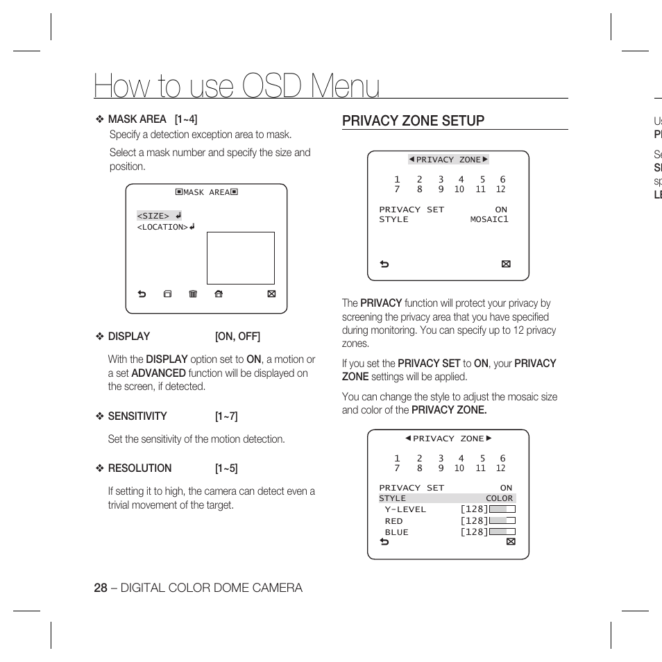 How to use osd menu, Privacy zone setup | Samsung SCC-B5367N User Manual | Page 28 / 36