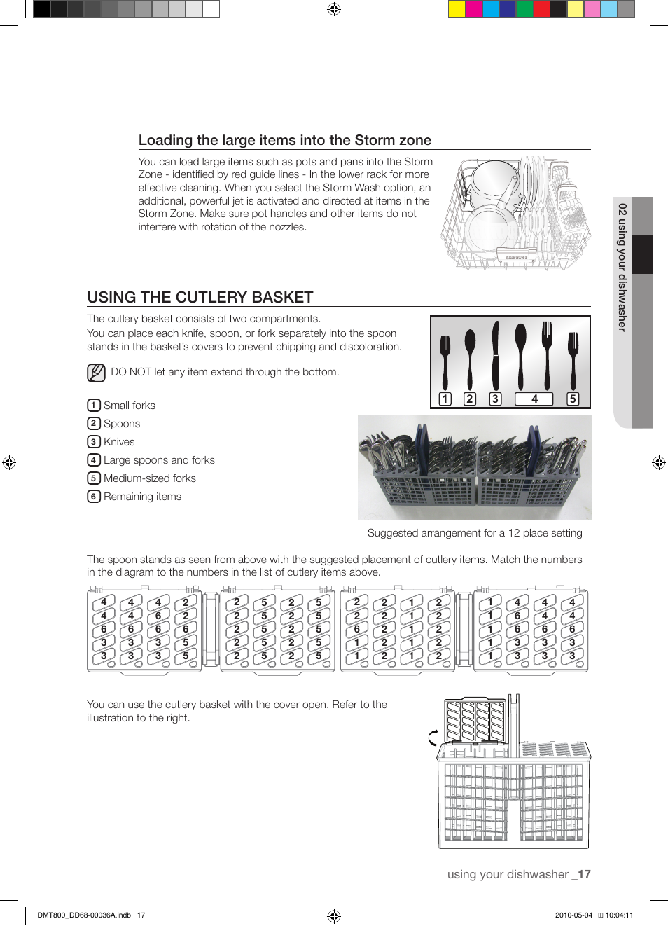 Using the cutlery basket, Loading the large items into the storm zone | Samsung DMT800RHS User Manual | Page 17 / 32