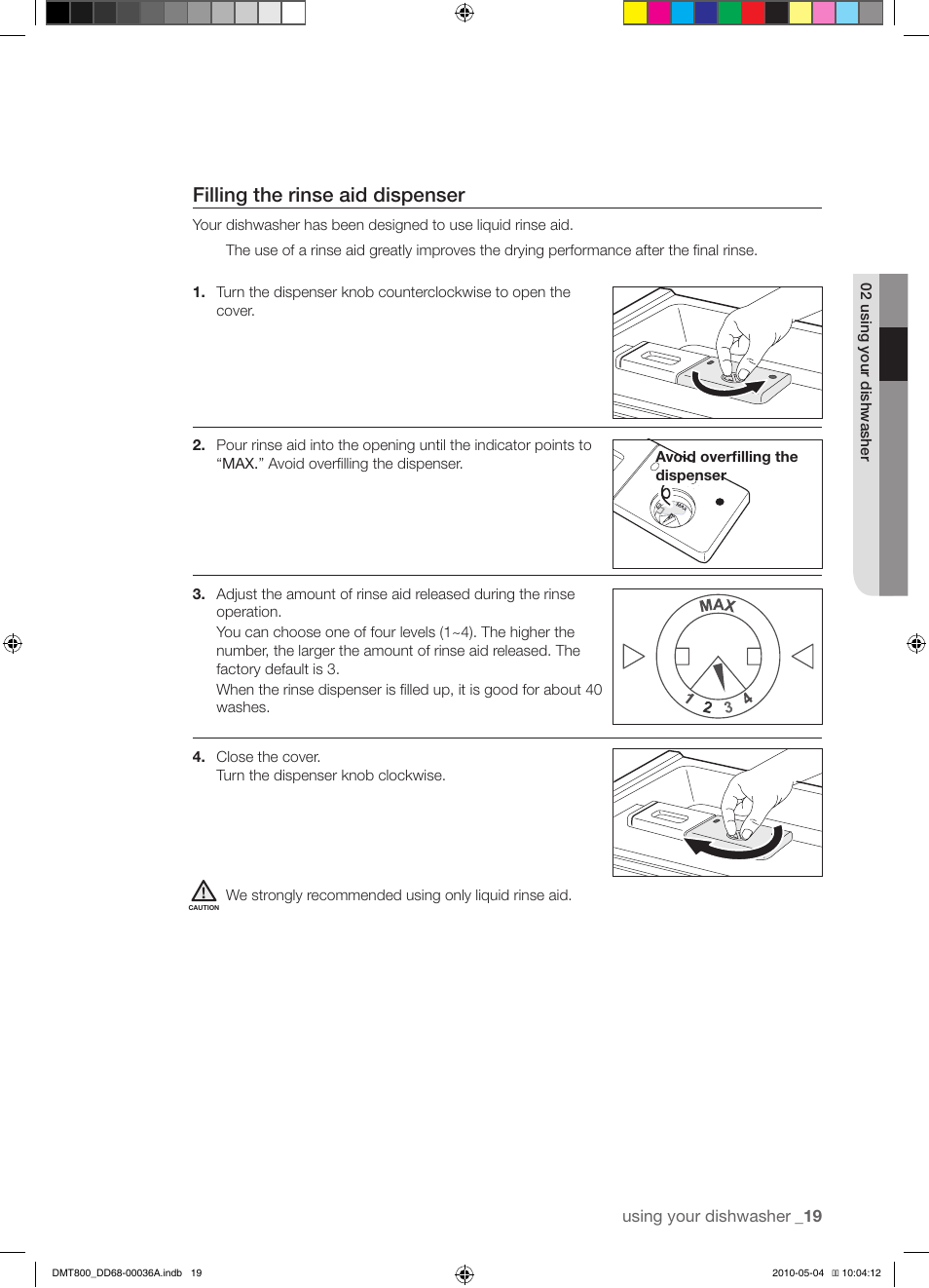 Filling the rinse aid dispenser | Samsung DMT800RHS User Manual | Page 19 / 32